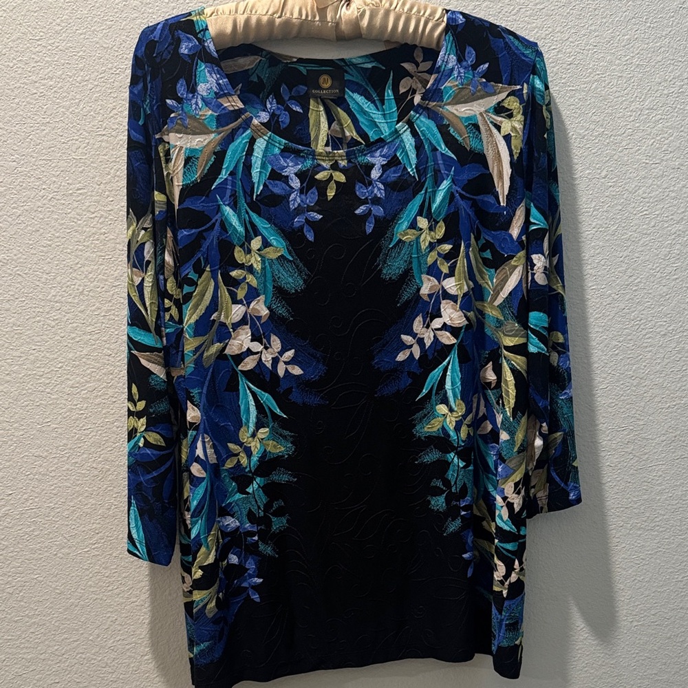 JM Collection Blue and Yellow Leaf Print Top